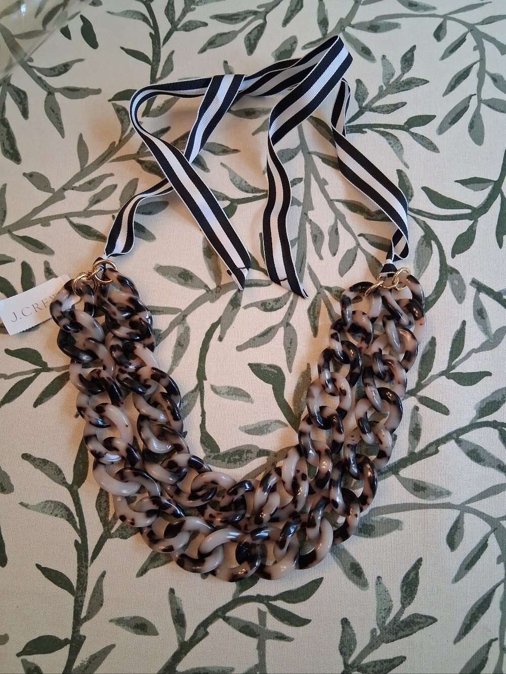 J. Crew Black-and-grey Tortoiseshell Link Necklace with Striped Ribbon
